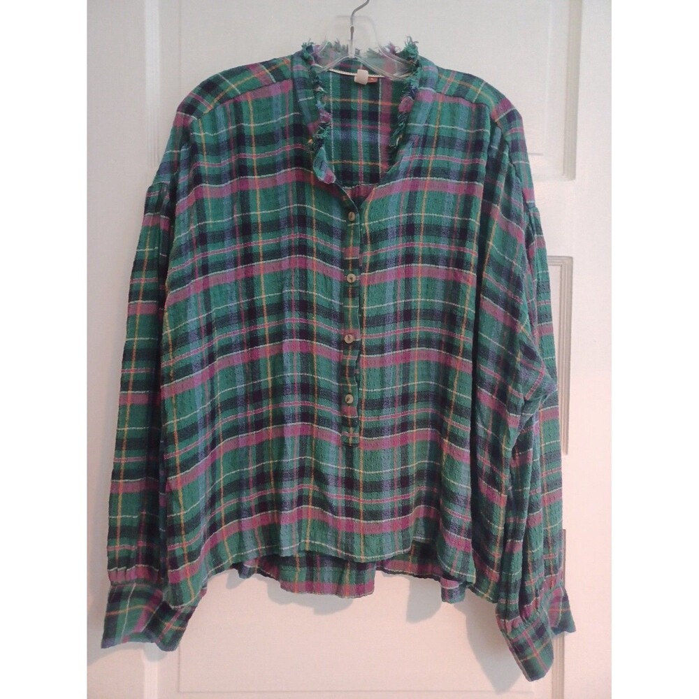 Anthropologie Pilcro green plaid pullover blouse XL fringe neck preppy indie top
